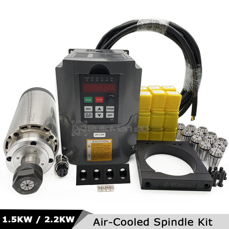 Air Cooled 1.5Kw Spindle Motor Inverter 110V - 2.2KW、1.5KWの空冷式CNCスピンドルモーターキット、VFDインバーター、220V/110V、24000RPM、ER11、ER16、ER20コレット、65mm、80mmクランプ。